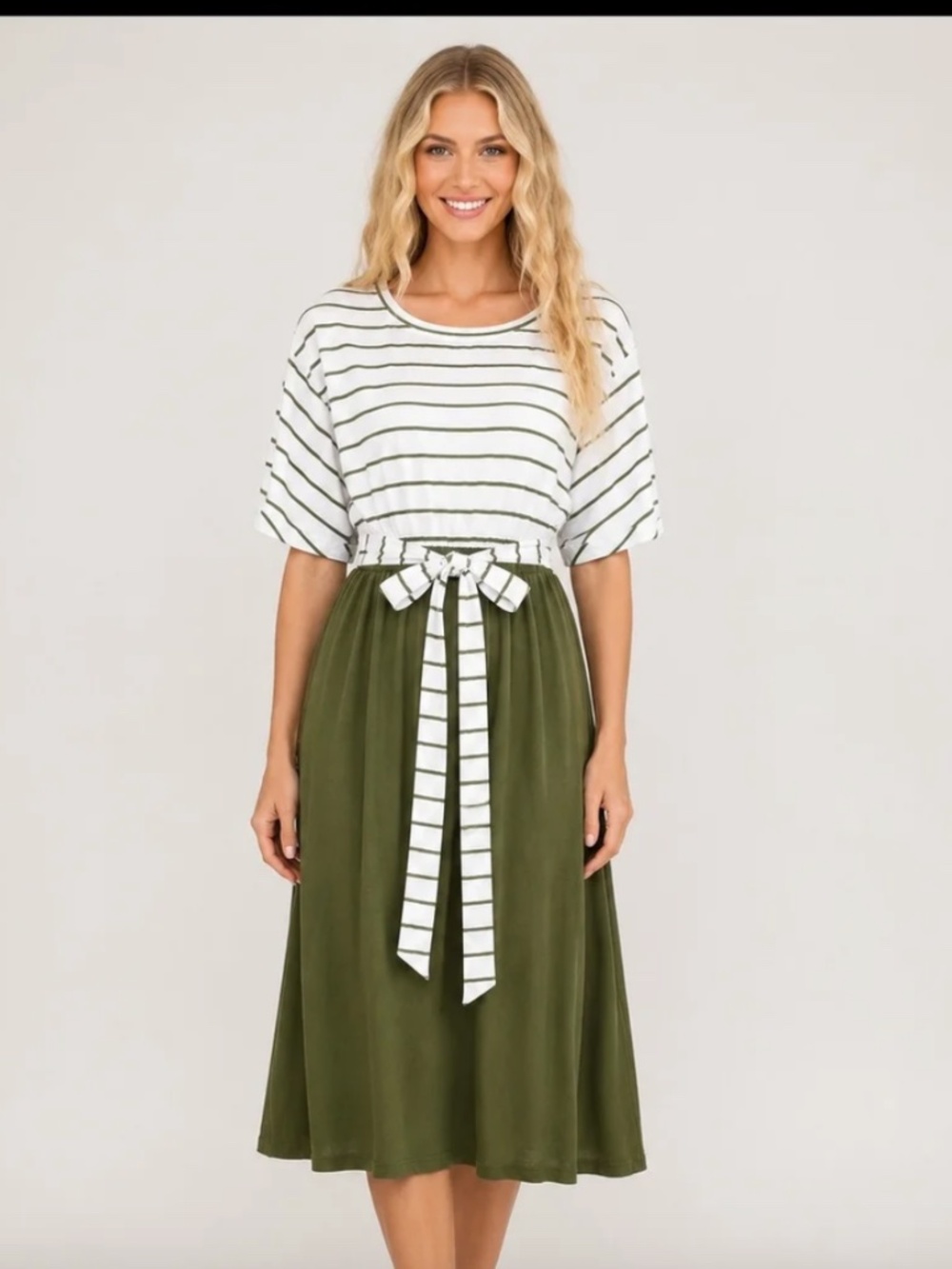 Merokeety Womens Flutter Sleeves White Striped Olive Green Midi Dress w/Belt, S